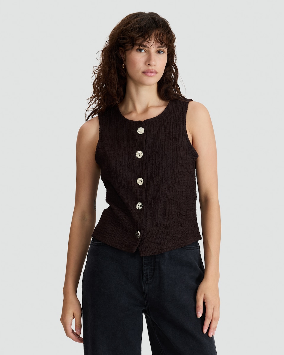 image 1 of F&F Crinkle Textured Button Front Sleeveless Co-ord Top in Brown