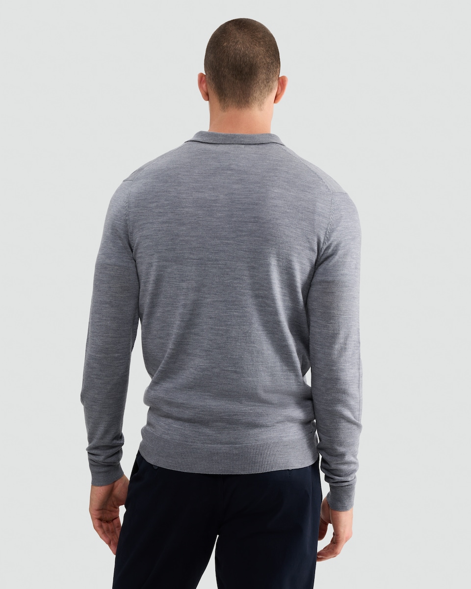 image 1 of F&F Pure Merino Wool Long Sleeved Polo Shirt in Grey Marl