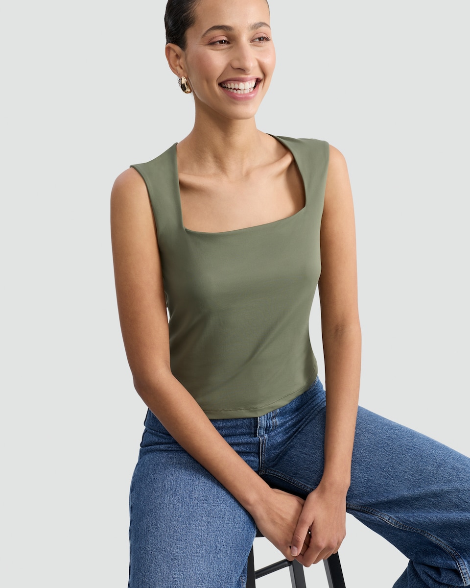 image 1 of F&F Polyamide Square Neck Sleeveless Top in Khaki