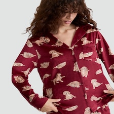 F&F Curtis The Dog Printed Fleece Revere Shirt and Trousers Pyjamas  in Red