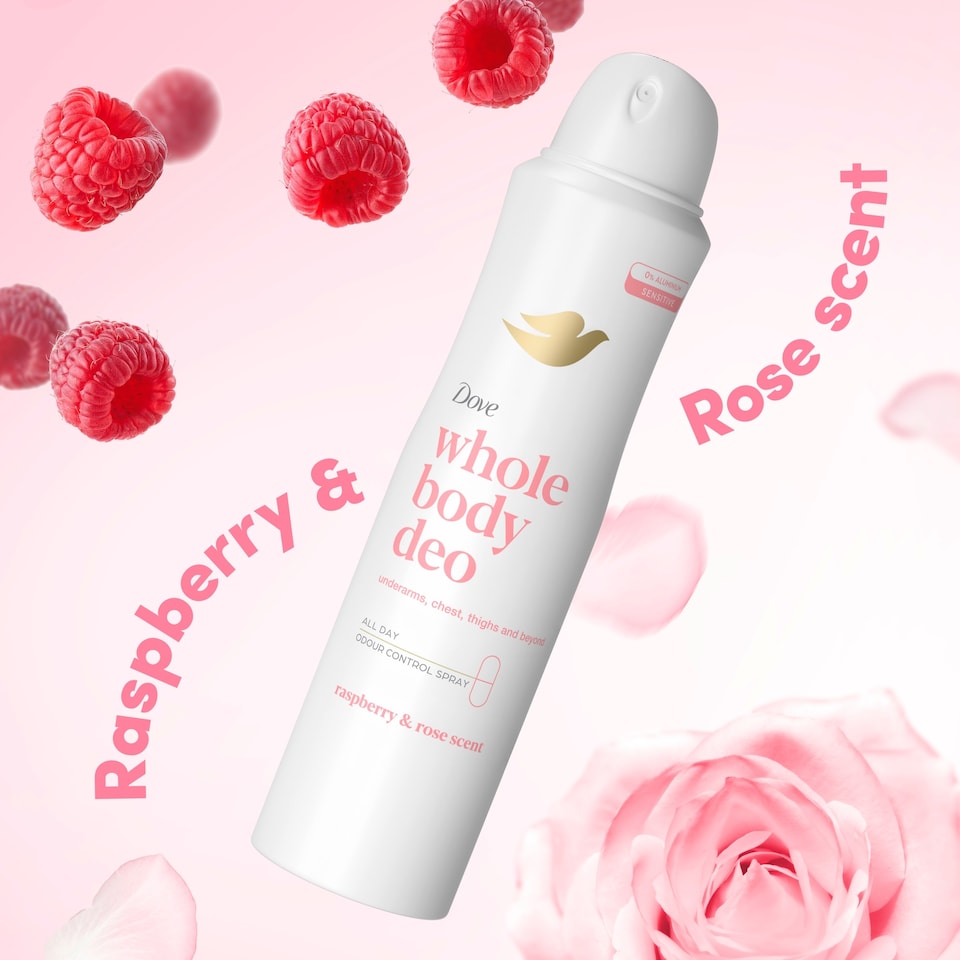 image 1 of Dove Raspberry & Rose Scent Whole Body Aerosol Deodorant 150ml 