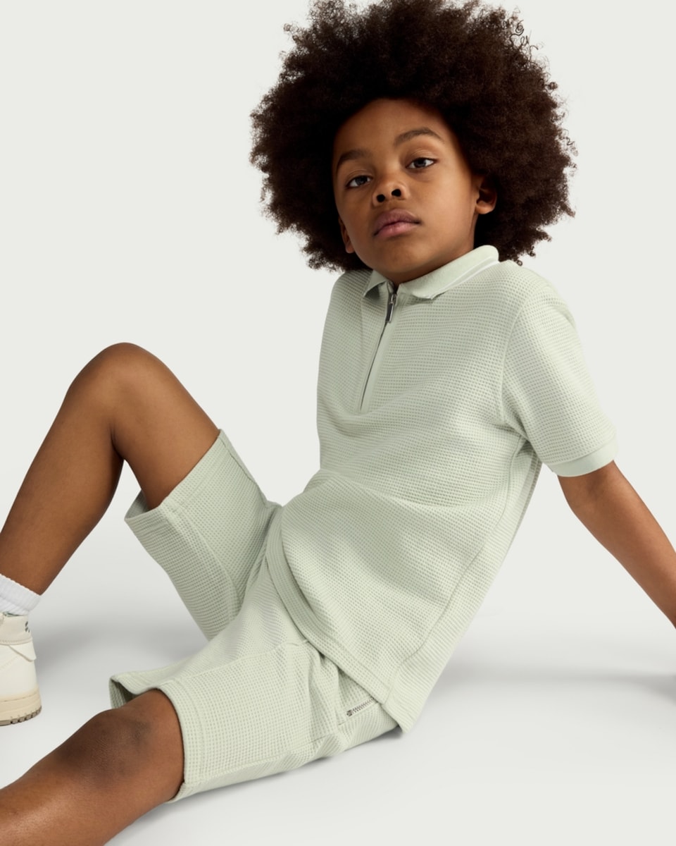 image 1 of F&F Boys 2-Piece Cotton Rich Textured Polo Shirt and Shorts Set in Mint