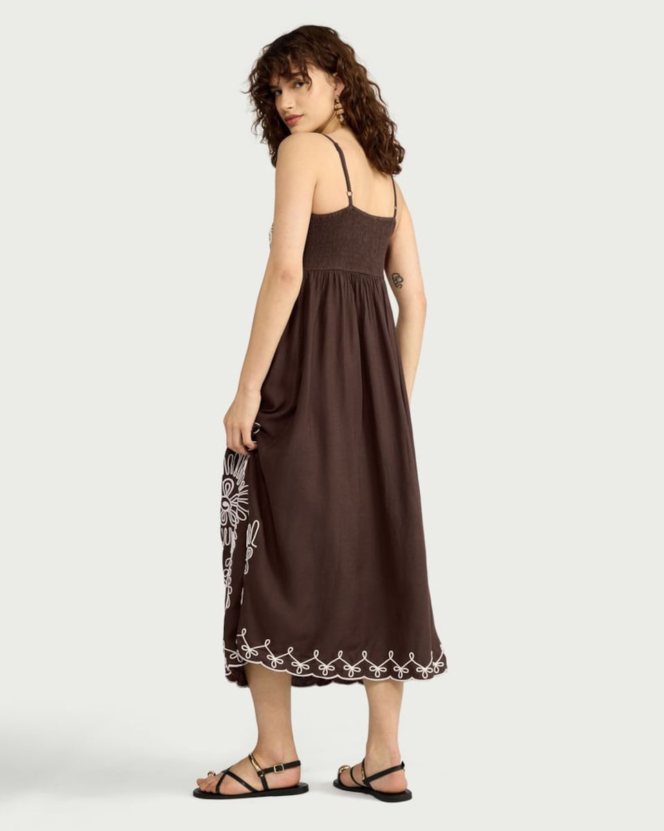 image 1 of The F&F Edit Embroidered Strappy Midi Dress in Brown