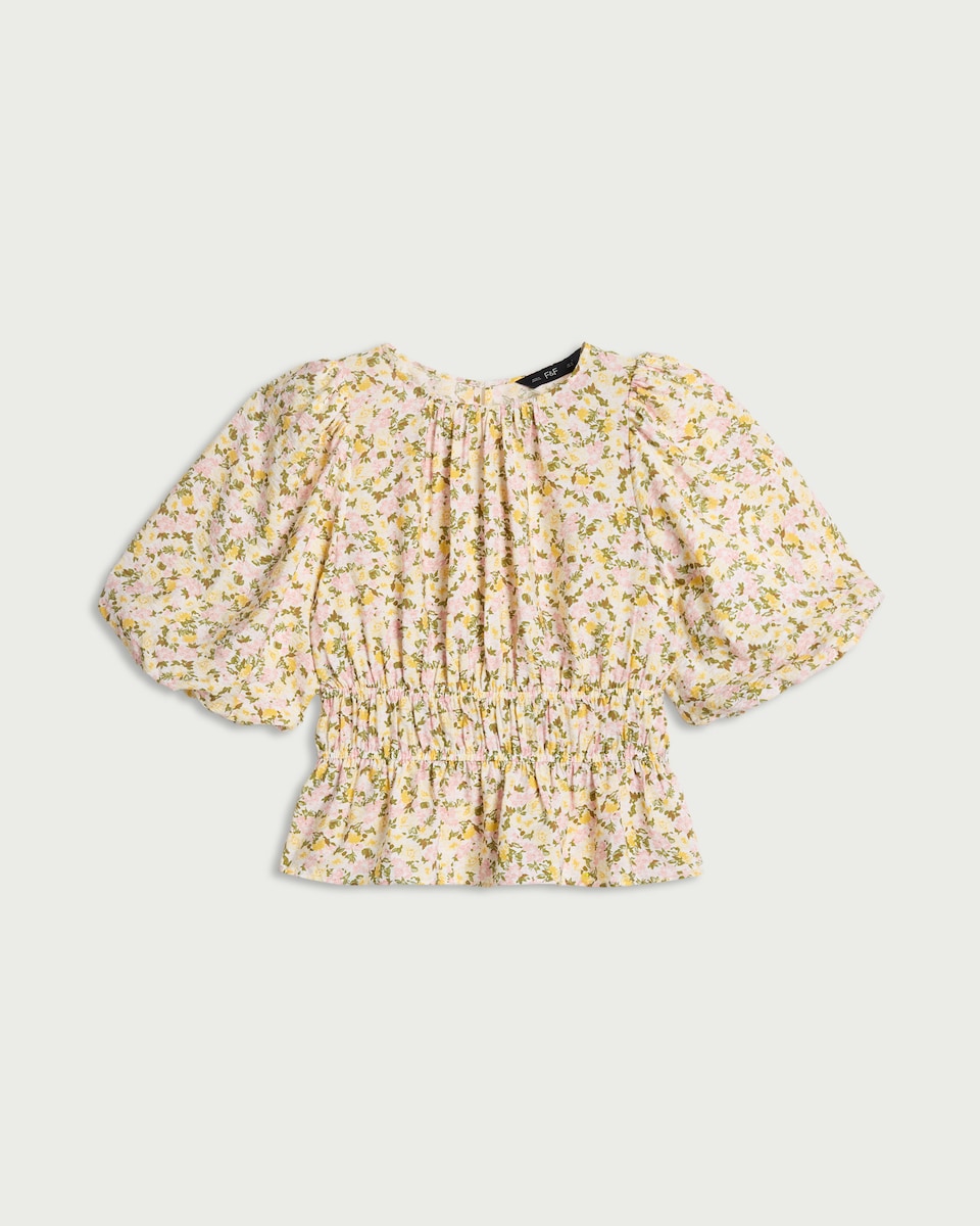 image 1 of F&F Shirred Puff Sleeve Blouse in Multi