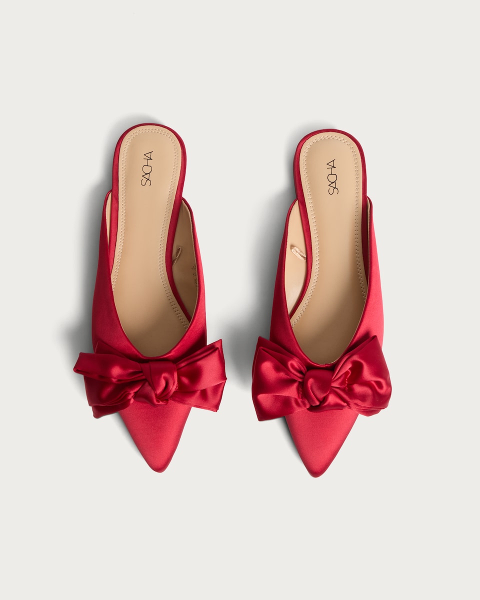 image 1 of SACHA Satin Bow Pointed Mules in Red