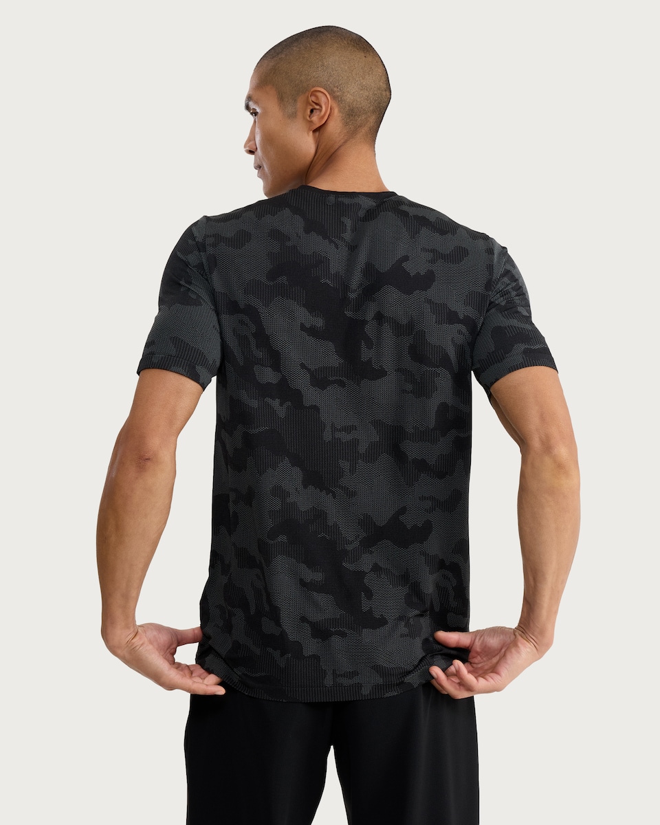 image 1 of F&F Active ULTRARUN Seamless Camo Print Short Sleeved T-Shirt in Grey