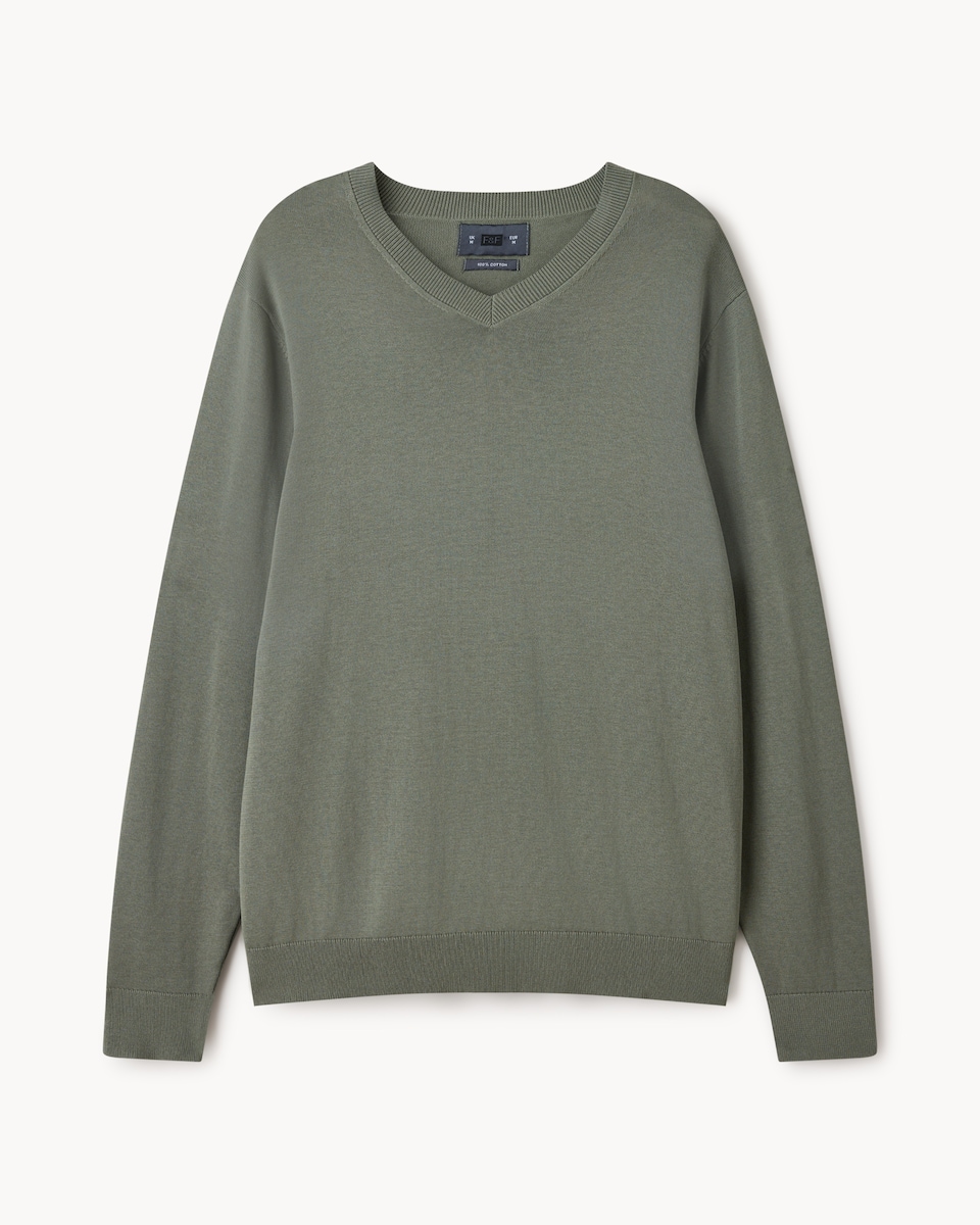 image 1 of F&F Pure Cotton V Neck Jumper in Green