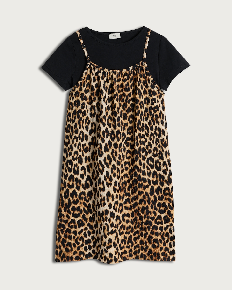 image 1 of F&F Girls Crinkle Textured Leopard Print T-Shirt Dress in Multi Black
