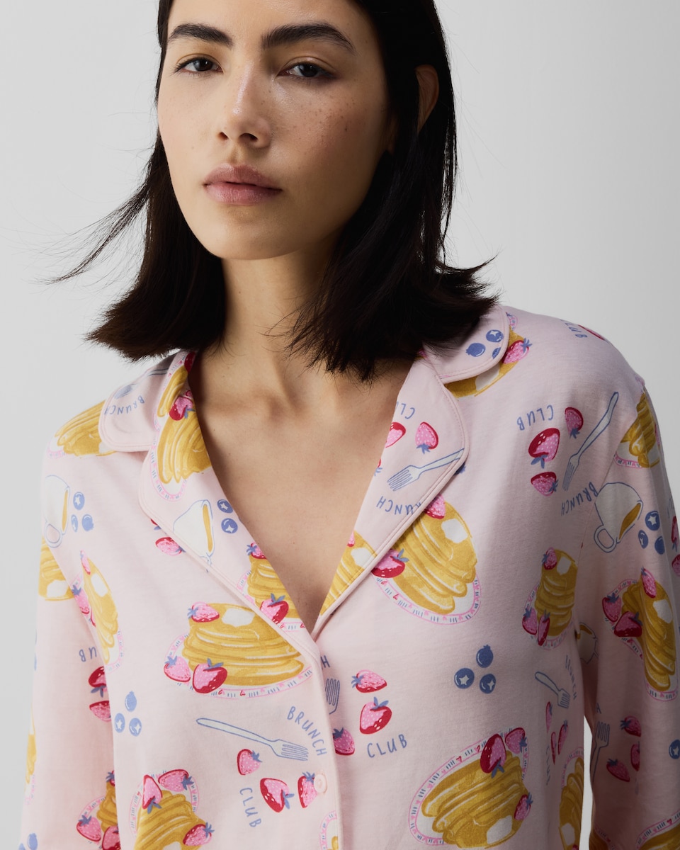 image 1 of F&F Pure Cotton Pancake Print Revere Pyjama Set in Multi Pink