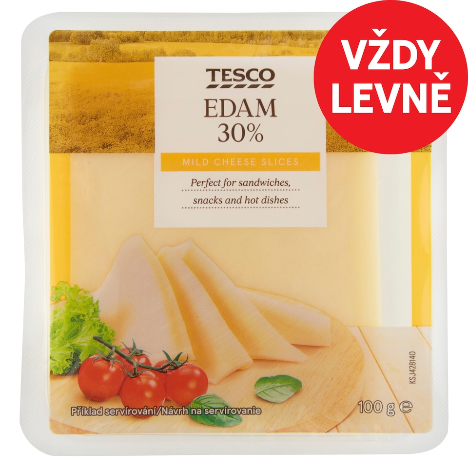 Tesco Edam 30% polotvrdý polotučný sýr plátky 100g