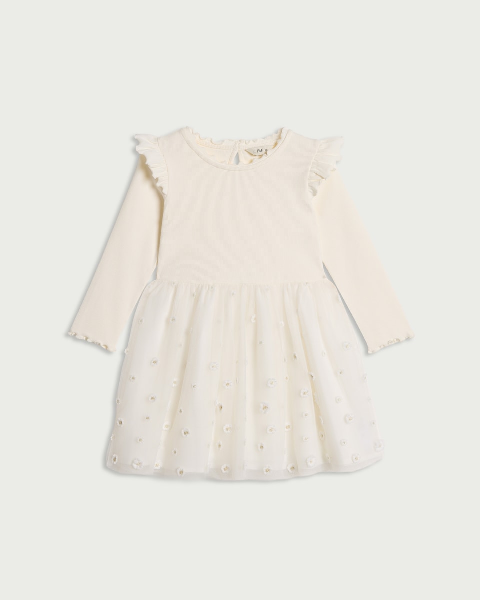 image 1 of F&F Girls Cotton Rich Floral Embroidered Dress in Cream