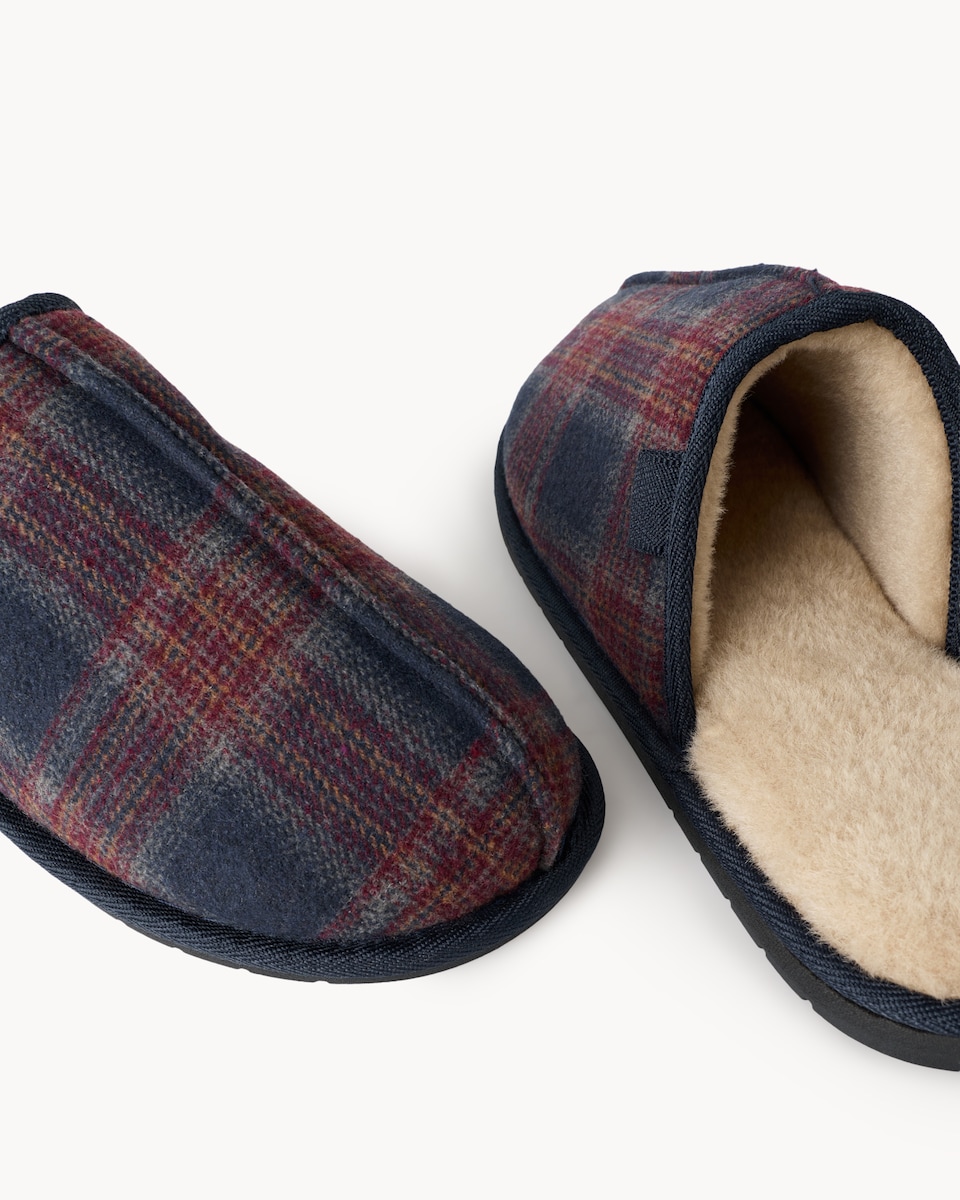 image 1 of F&F Faux Fur Lined Checked Mule Slippers in Blue
