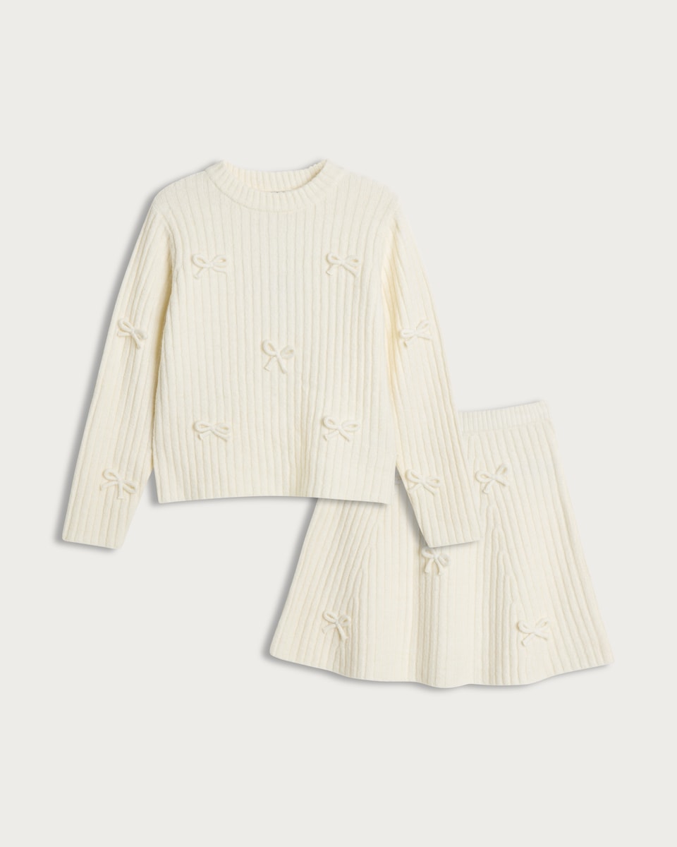 image 1 of F&F Girls Ribbed Bow Detail Jumper and Skirt Outfit in Multi