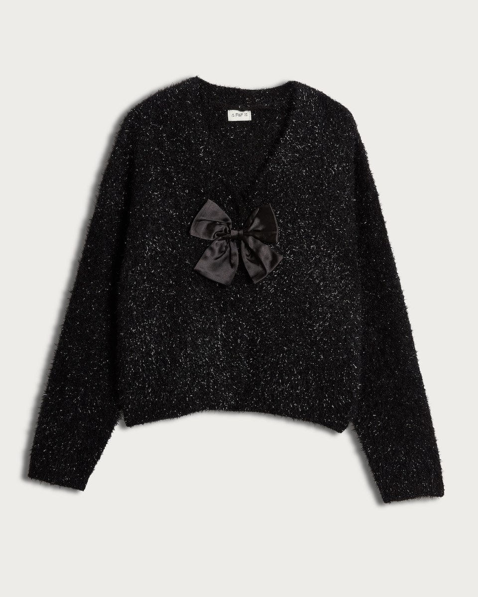 image 1 of F&F Girls Fluffy Bow Detail Cardigan in Black