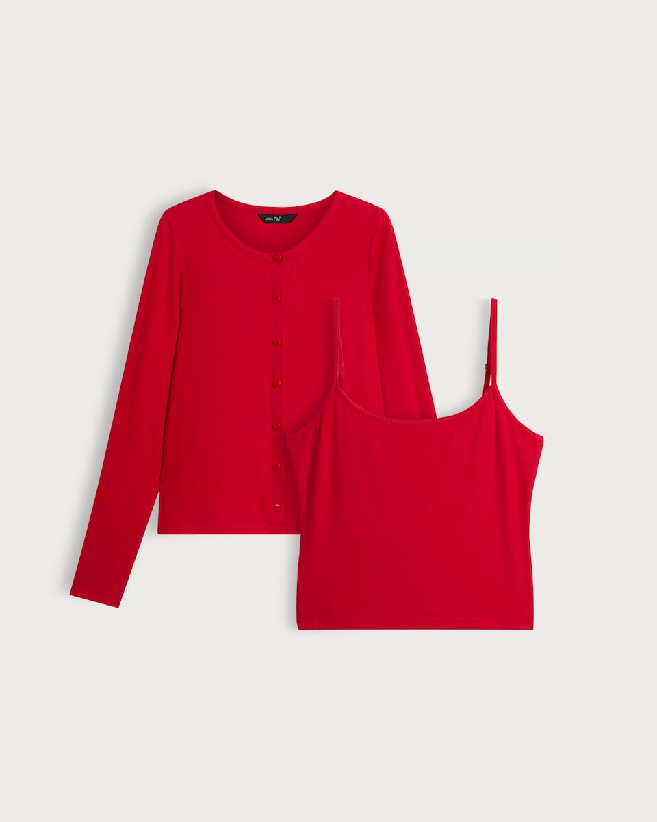image 1 of F&F 2-Piece Ribbed Vest and Cardigan Set in Red