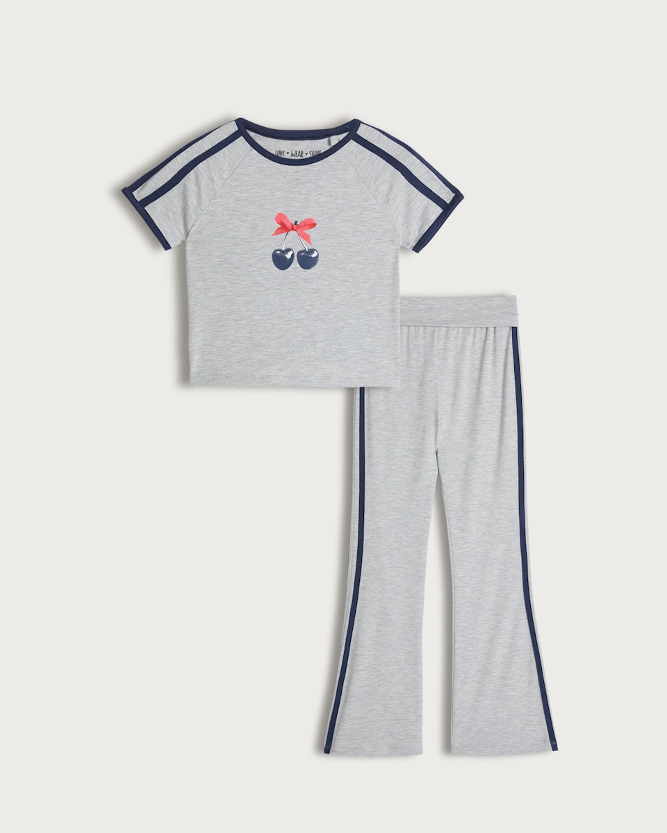 F&F Girls 2-Piece Cherry Print T-Shirt and Flared Trousers Set in Grey Marl