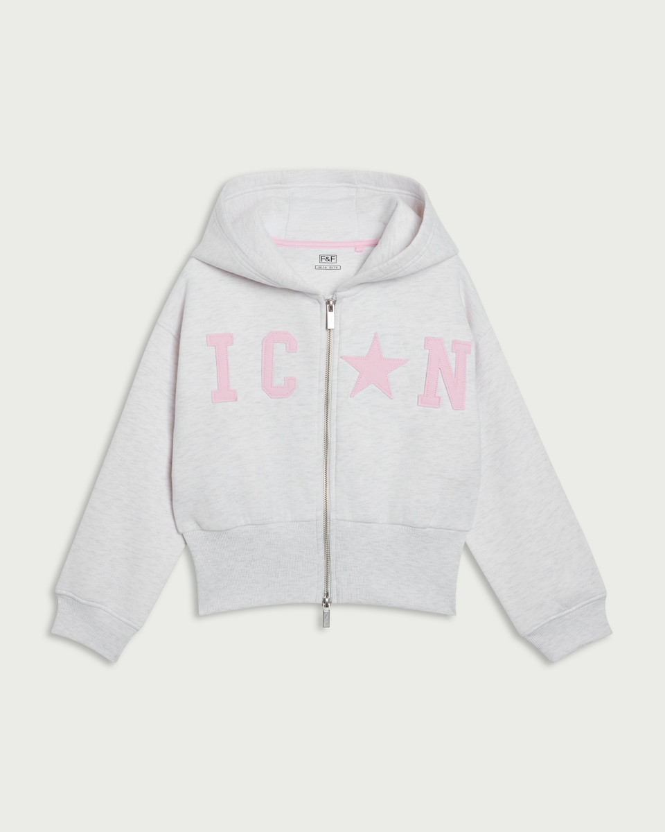 image 1 of F&F Girls Cotton Rich Slogan Zip Up Hoodie in Grey