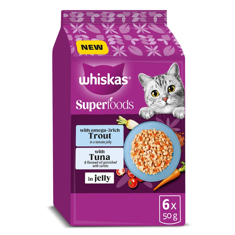 image 1 of WHISKAS 1+ SUPERFOODS FISH Wet Cat Food Pouches in Jelly 6 x 50g