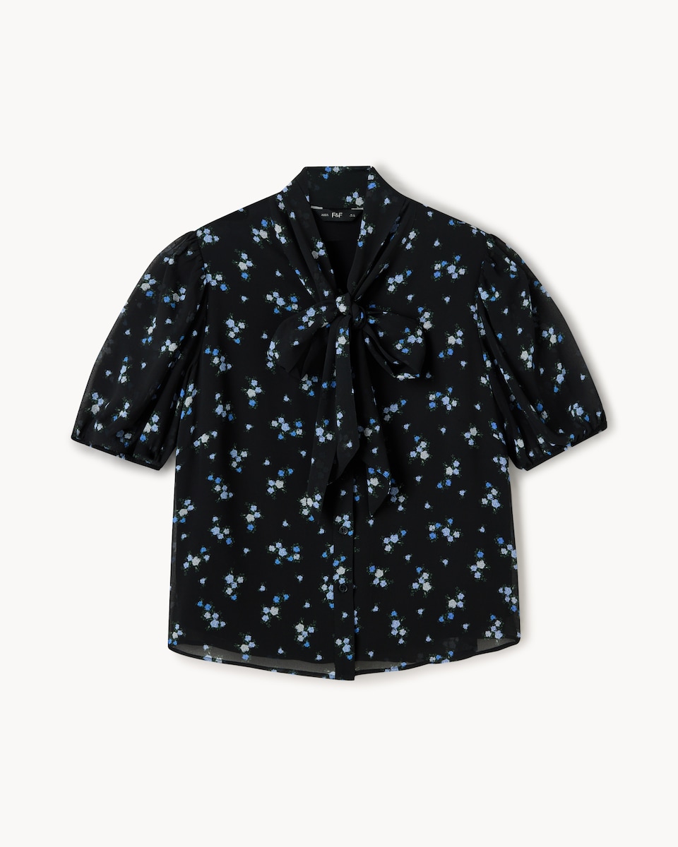 image 1 of F&F Ditsy Floral Tie Neck Blouse in Multi Black