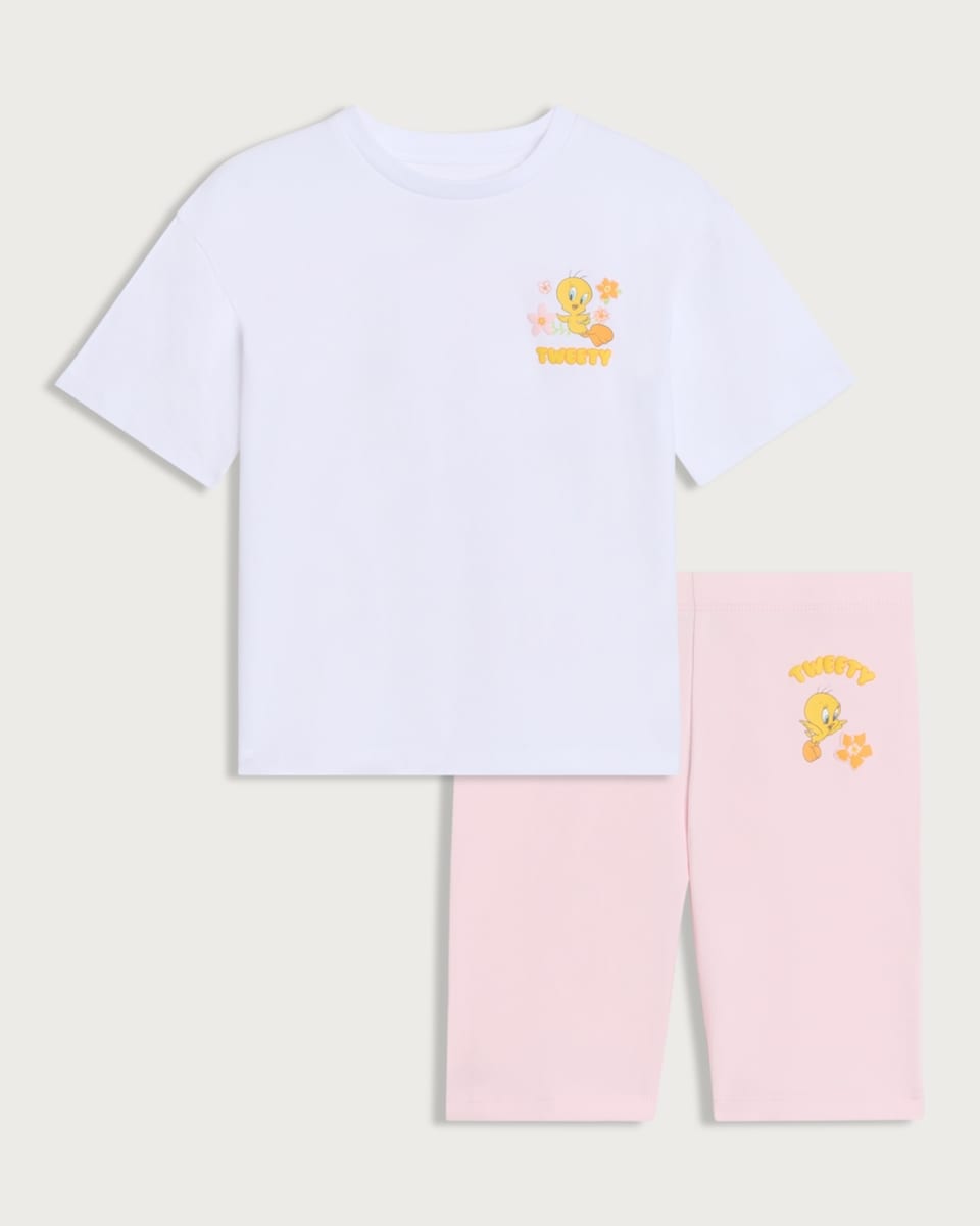 image 1 of Tweety Pie 2-Piece Pure Cotton T-Shirt and Cycling Shorts Set in Multi White
