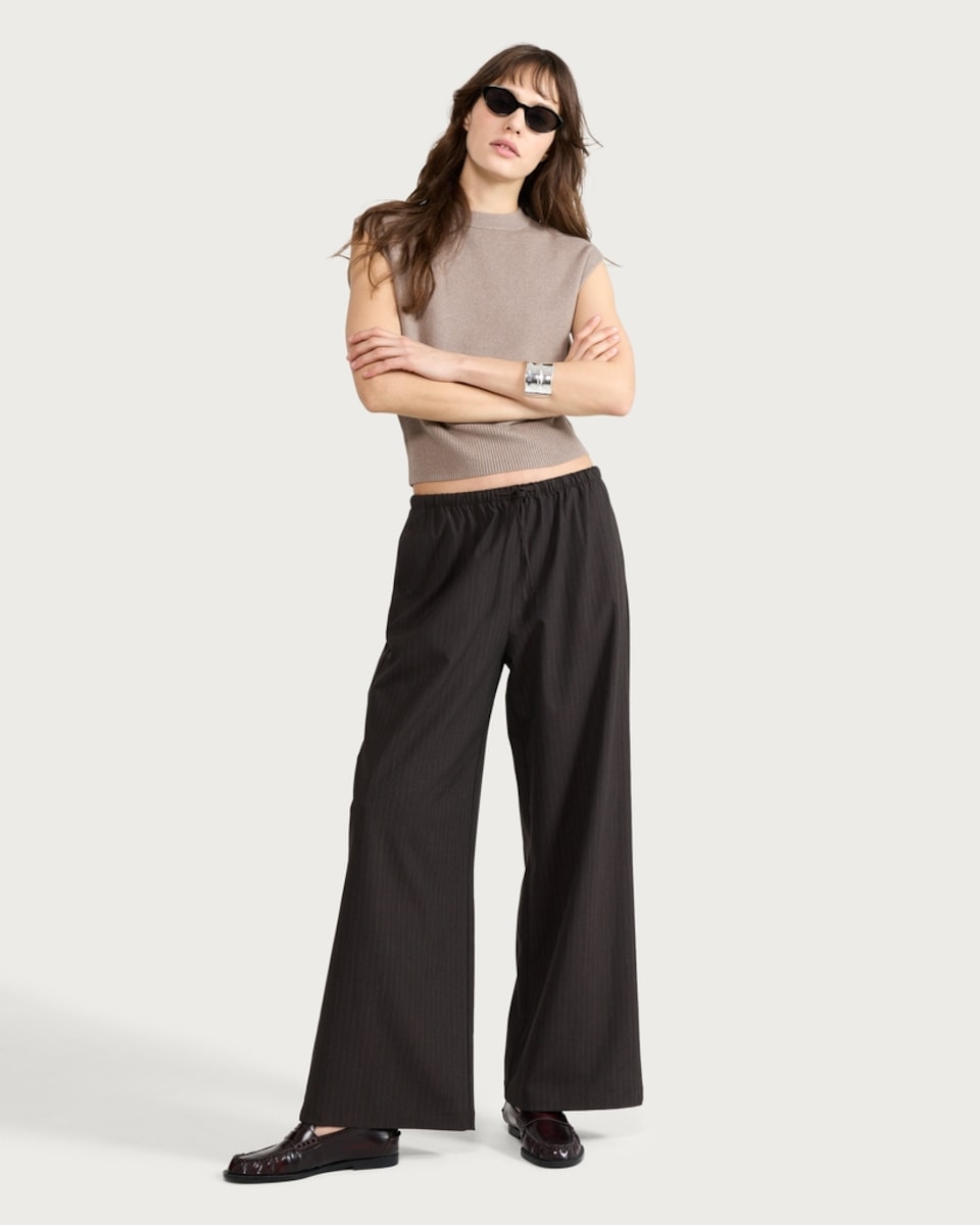 image 1 of F&F Pinstripe Wide Leg Drawstring Trousers in Chocolate
