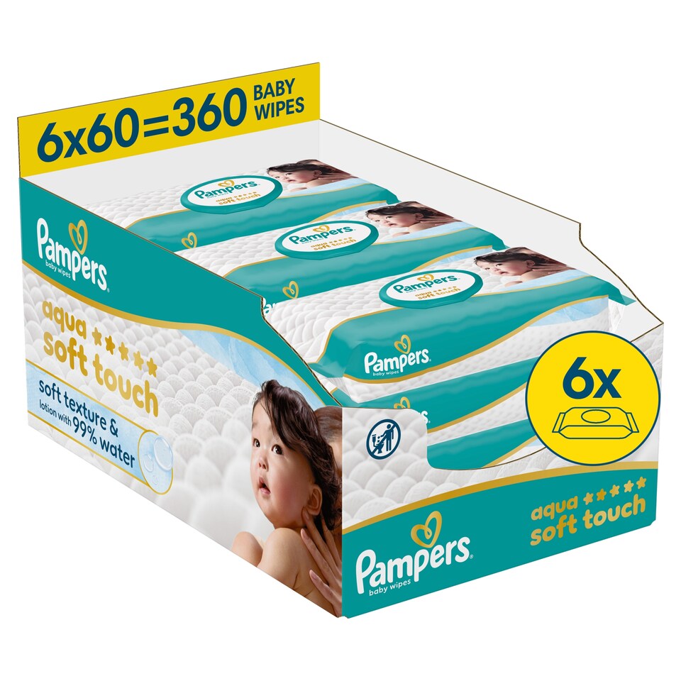image 1 of Pampers Aqua Soft Touch Baby Wet Wipes, 6 Packs of 60 Wipes = 360 Baby Wet Wipes