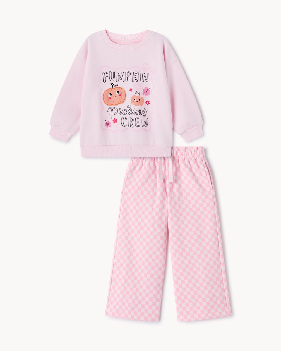 image 1 of F&F Girls Cotton Rich Halloween Pumpkin Sweatshirt and Trousers Set in Multi Pink