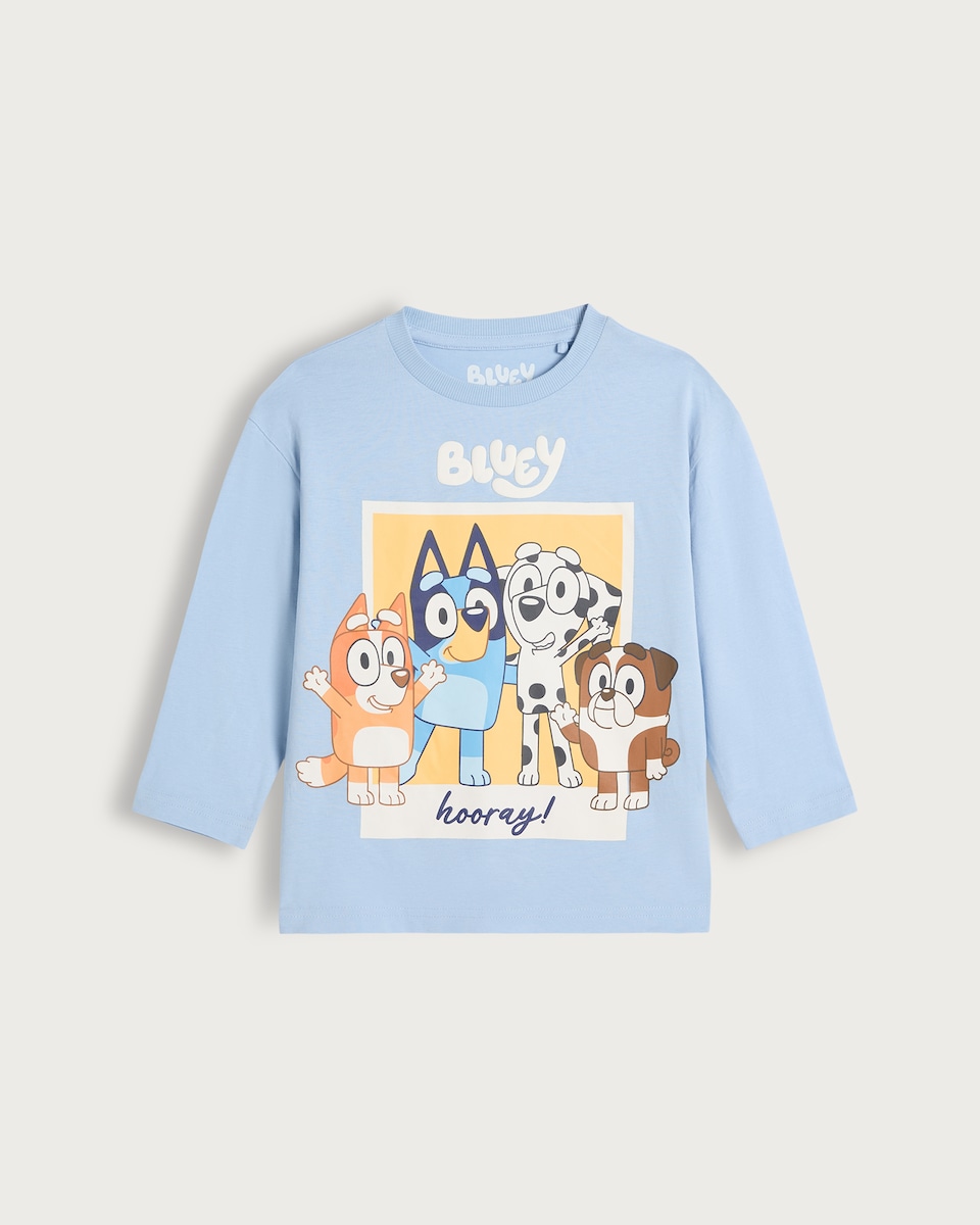 image 1 of Bluey Pure Cotton Hooray Slogan Long Sleeved Top in Blue