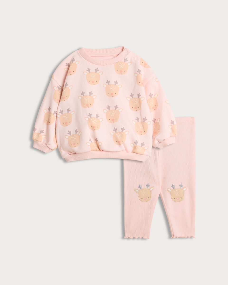 image 1 of F&F Baby 2-Piece Reindeer Print Sweatshirt and Leggings Set in Pink