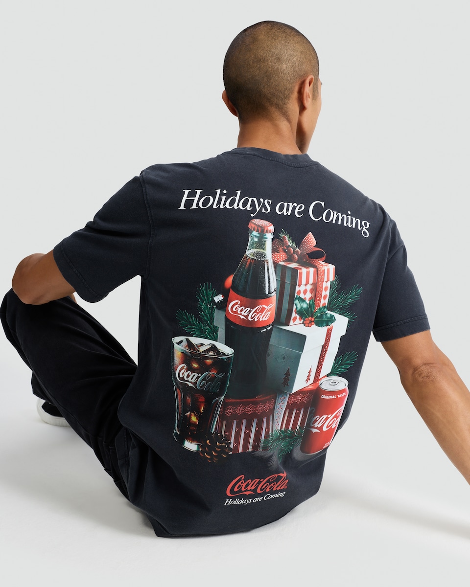 image 1 of Coca-Cola Holidays Are Coming Print Pure Cotton T-Shirt in Black