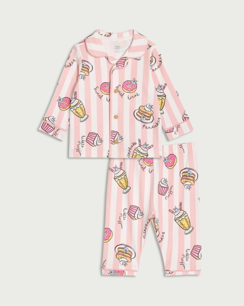 F&F Baby Pure Cotton Sweet Treat Print Revere Pyjama Set in Pink