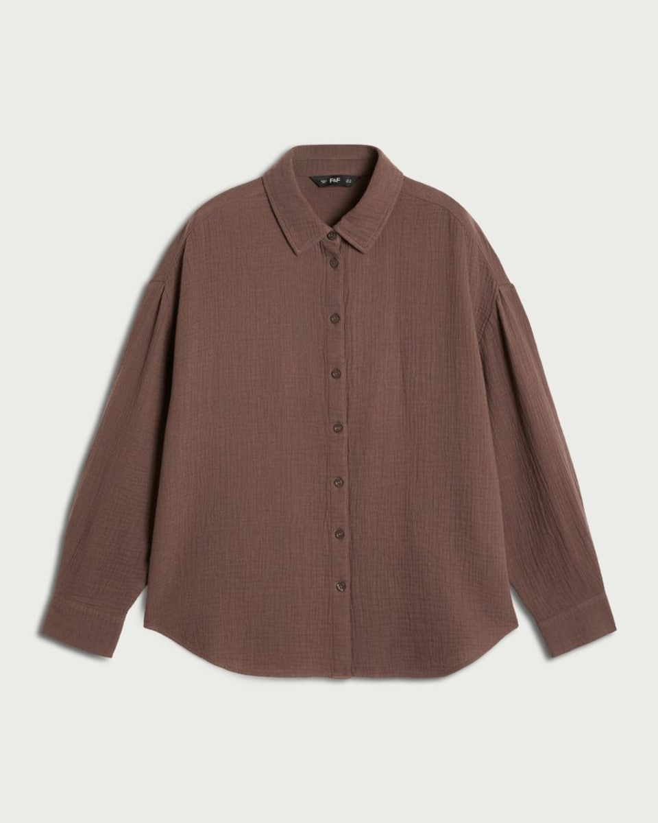 image 1 of F&F Pure Cotton Double Cloth Long Sleeved Shirt in Brown