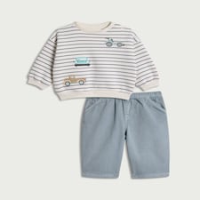 F&F Baby 2-Piece Cotton Rich Striped Sweatshirt and Trousers Set in Cream