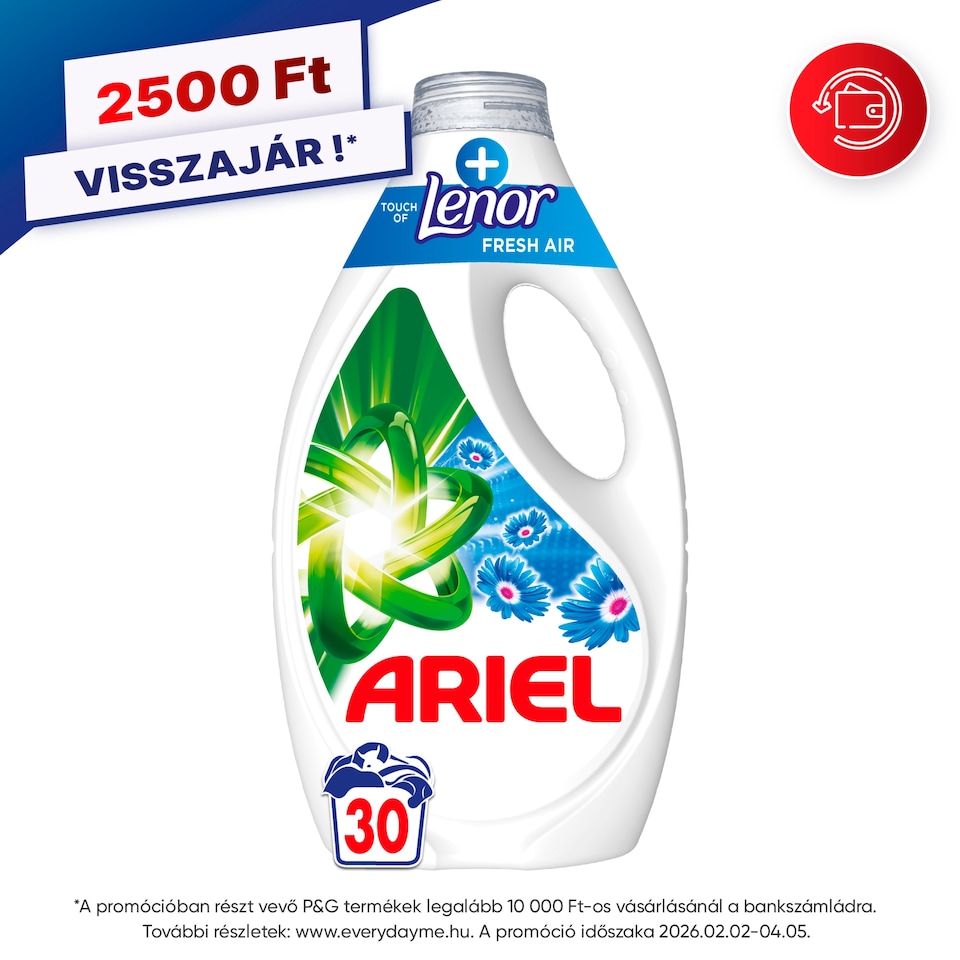 Ariel Folyékony Mosószer, 30 Mosáshoz, + Touch Of Lenor Fresh Air  1. kép