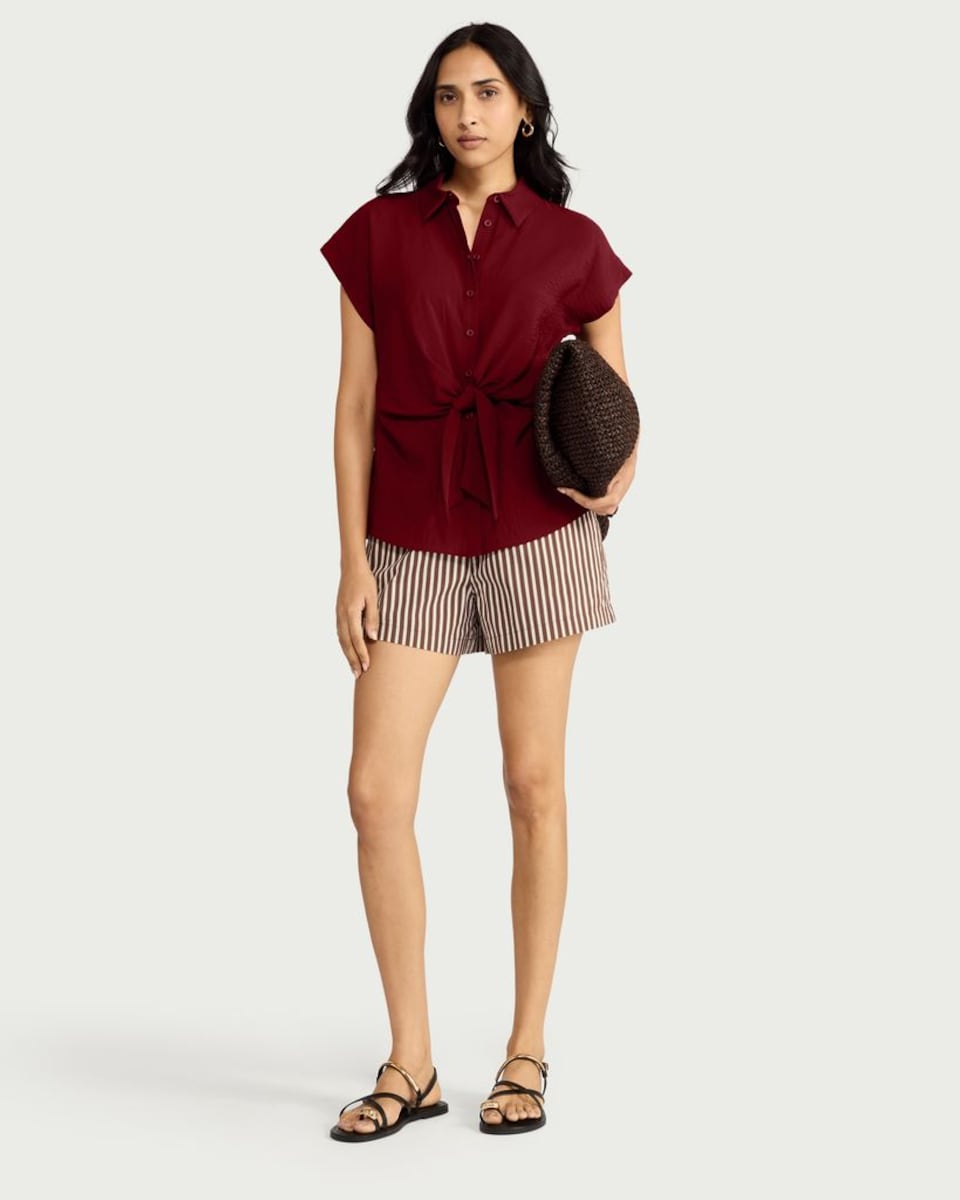 image 1 of F&F Tie Front Short Sleeved Shirt in Red