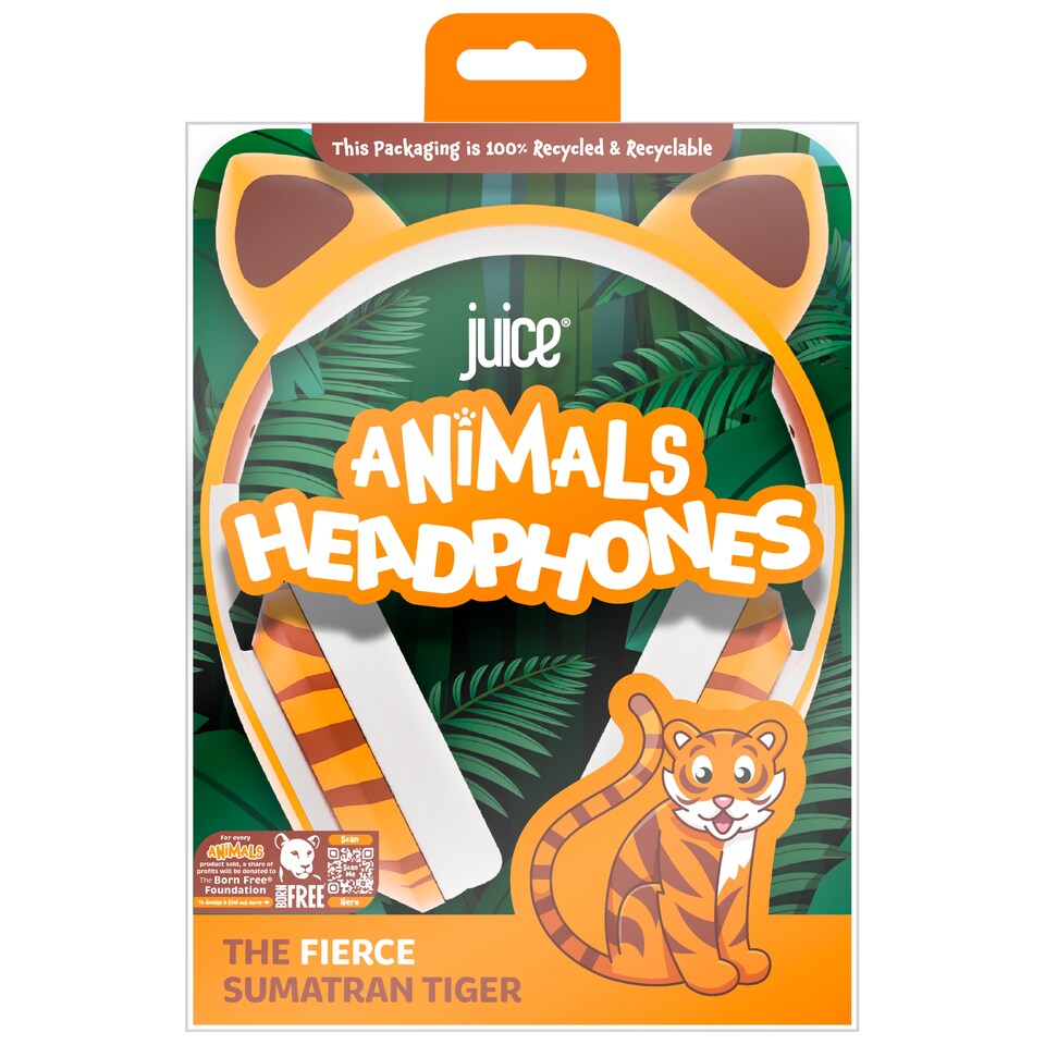 image 1 of JUICE ANIMALS TIGER KIDS WIRED HEADPHONES