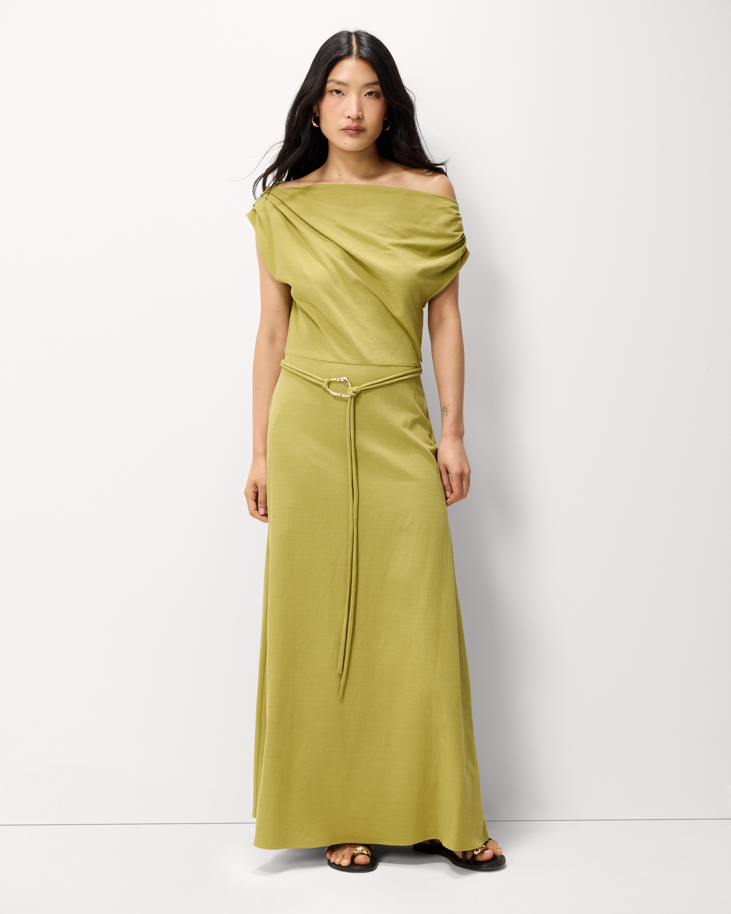F&F Ruched Belted Midi Dress in Olive