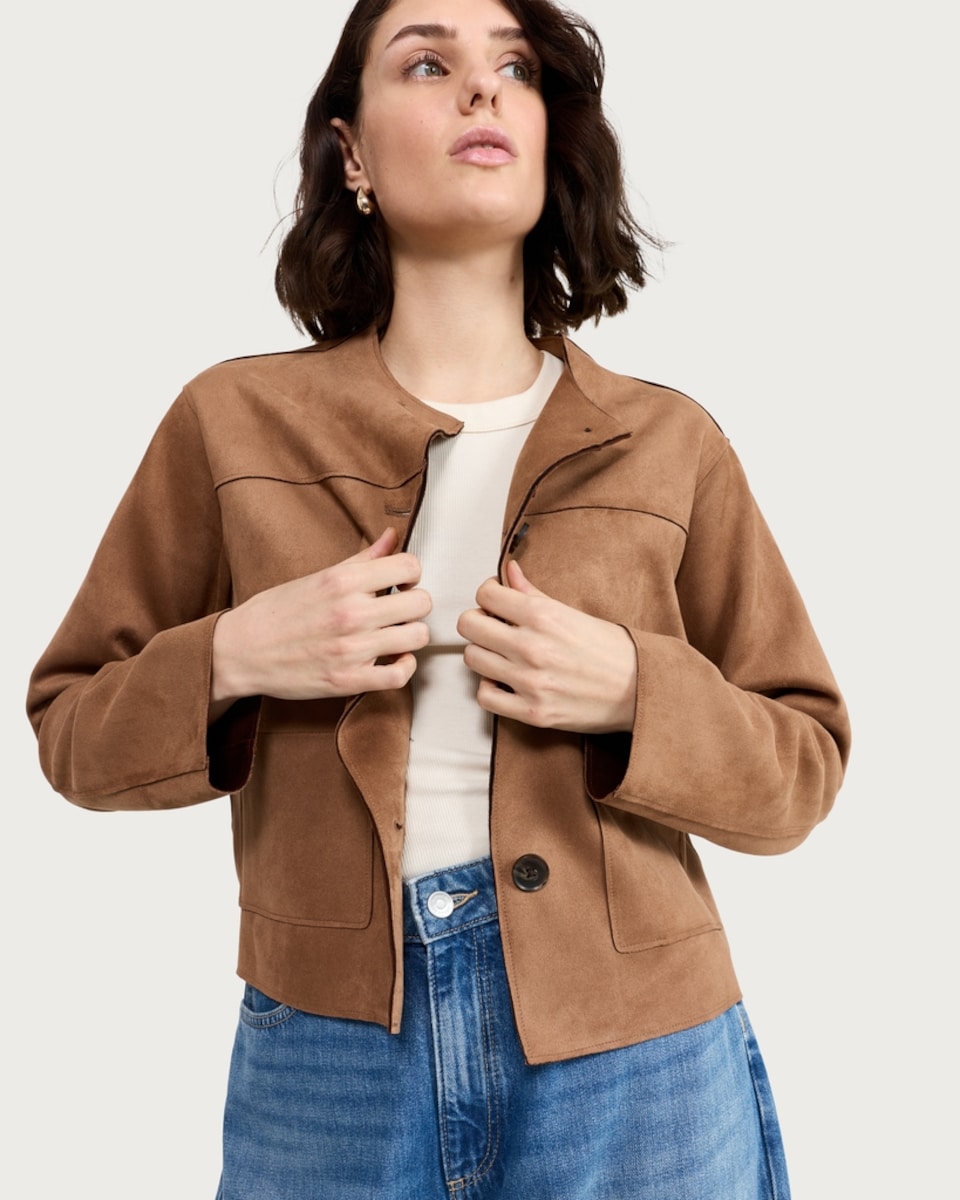 image 1 of F&F Faux Suede Collarless Cropped Jacket in Brown