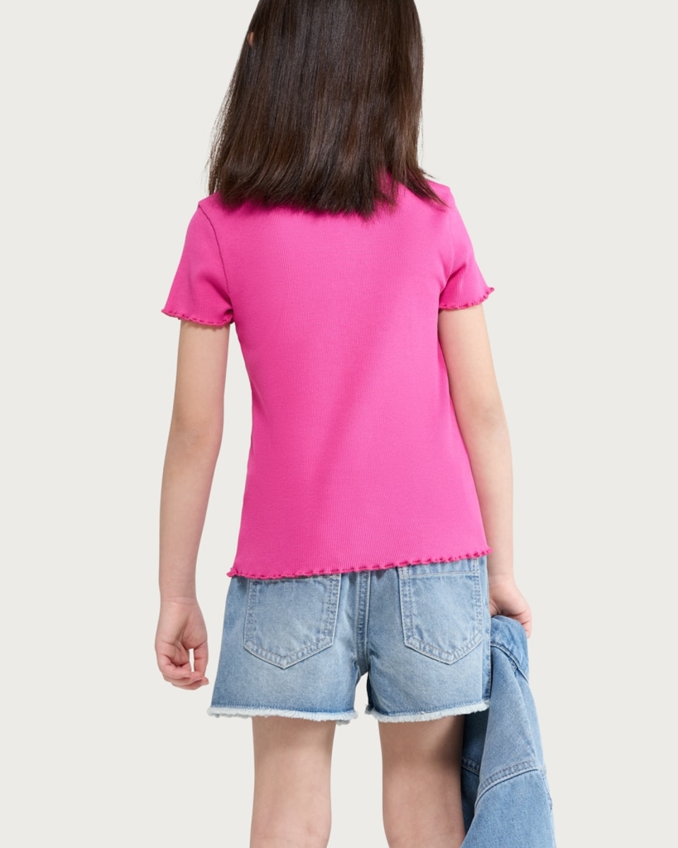image 1 of F&F Girls Cotton Rich Ribbed Heart Embroidered T-Shirt in Berry