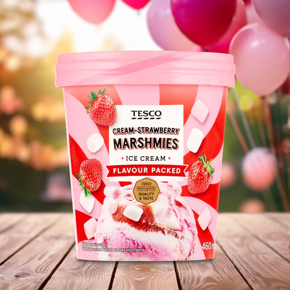 Tesco eperízű és tejszínes jégkrém epres öntettel és vaníliaízű pillecukorral 460 ml   1. kép