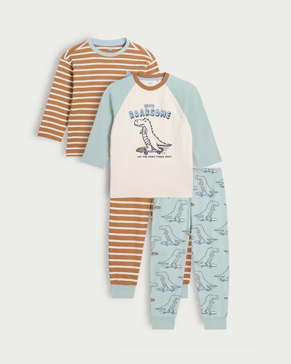 image 1 of F&F Boys 2-Pack Pure Cotton Roarsome Dinosaur Pyjamas in Multi