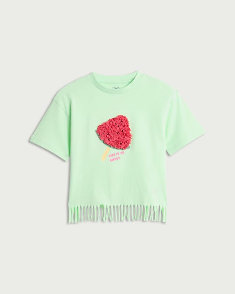 image 1 of F&F Girls Pure Cotton Watermelon Fringed Hem T-Shirt in Green