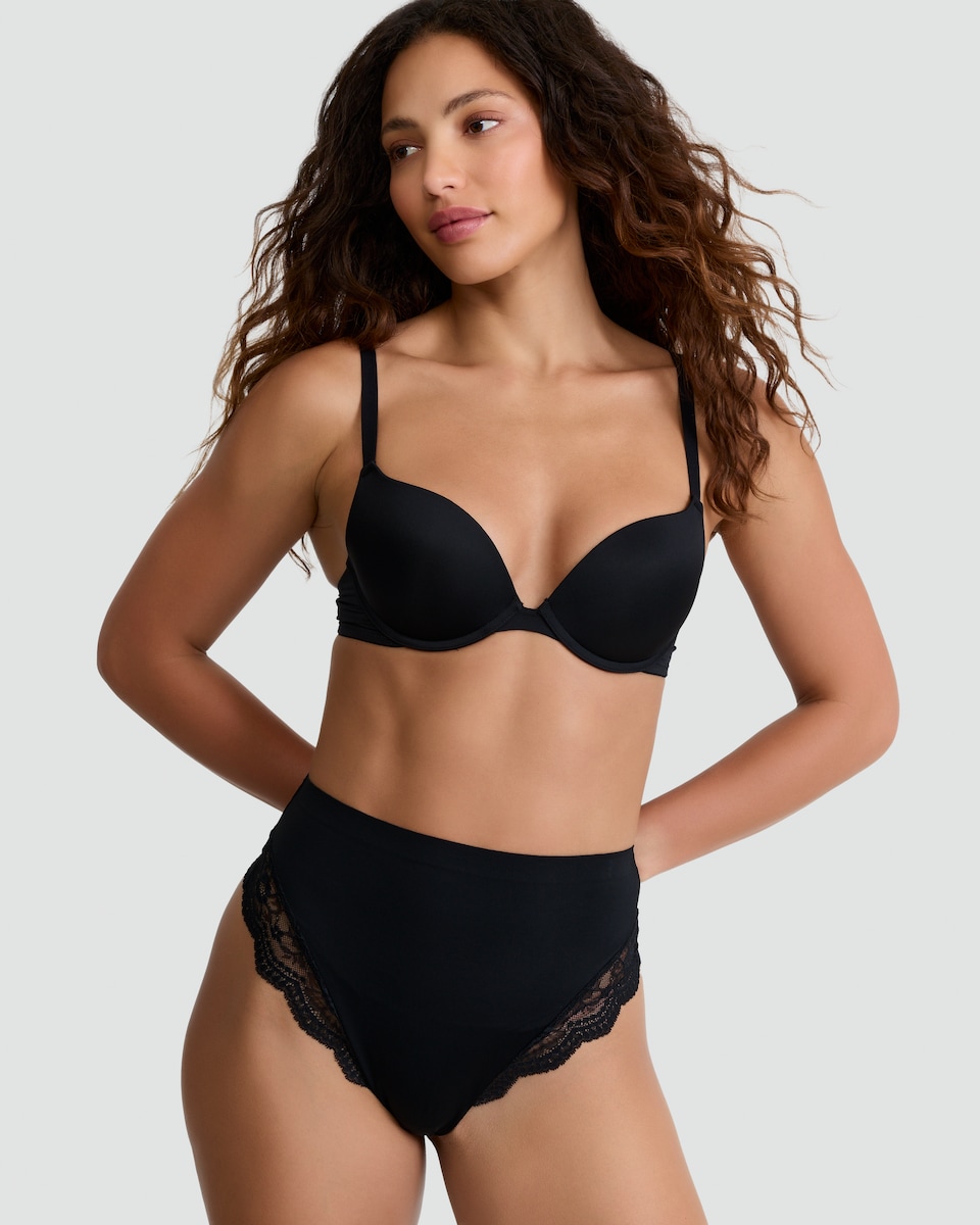image 1 of F&F 2-Pack Lace Trim Smoothing Contour Thongs in Black