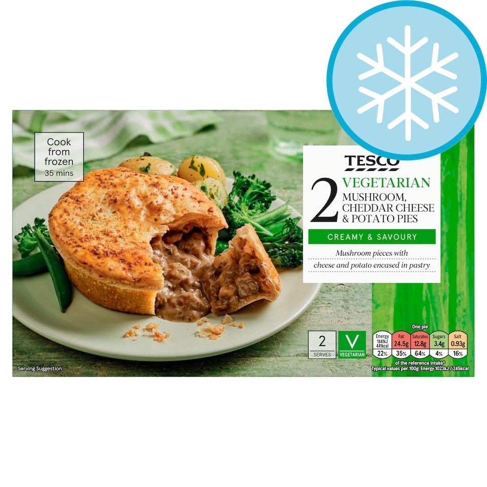 Tesco Vegetarian 2 Mushroom, Cheddar Cheese & Potato Pies 400g