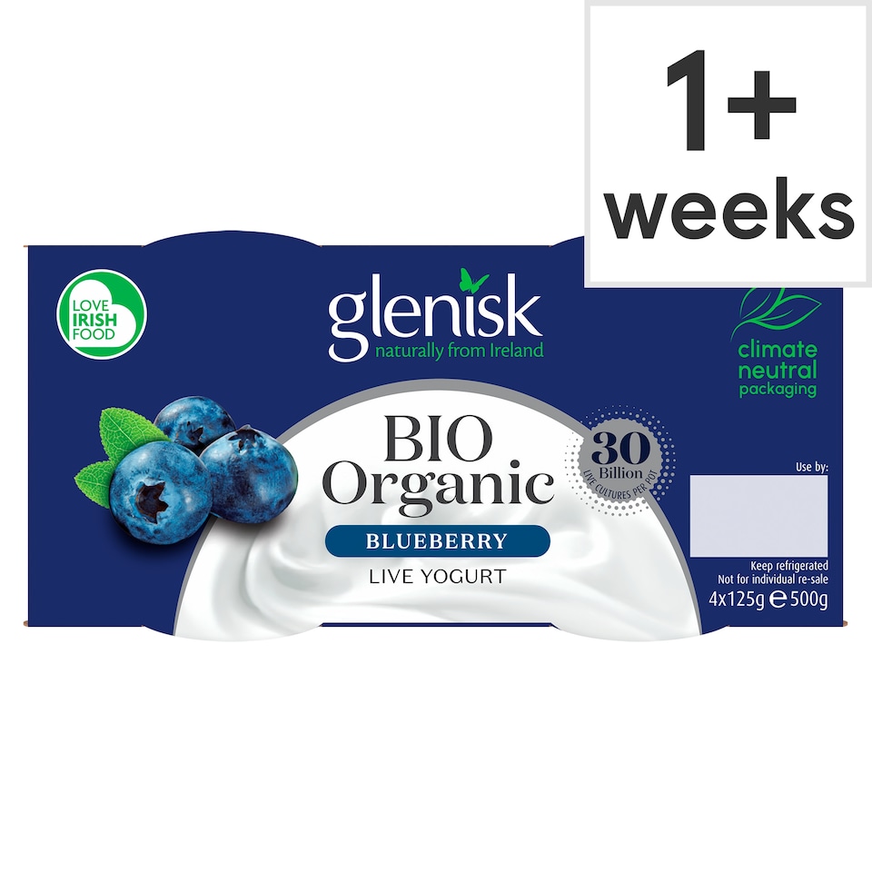 Glenisk Biological Organic Live Yoghurt Blueberry 4X125g