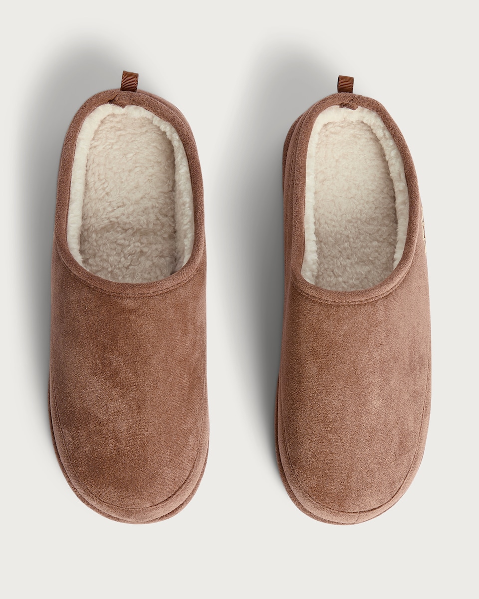image 1 of F&F Fleece Lined Stitch Detail Mule Slippers in Tan