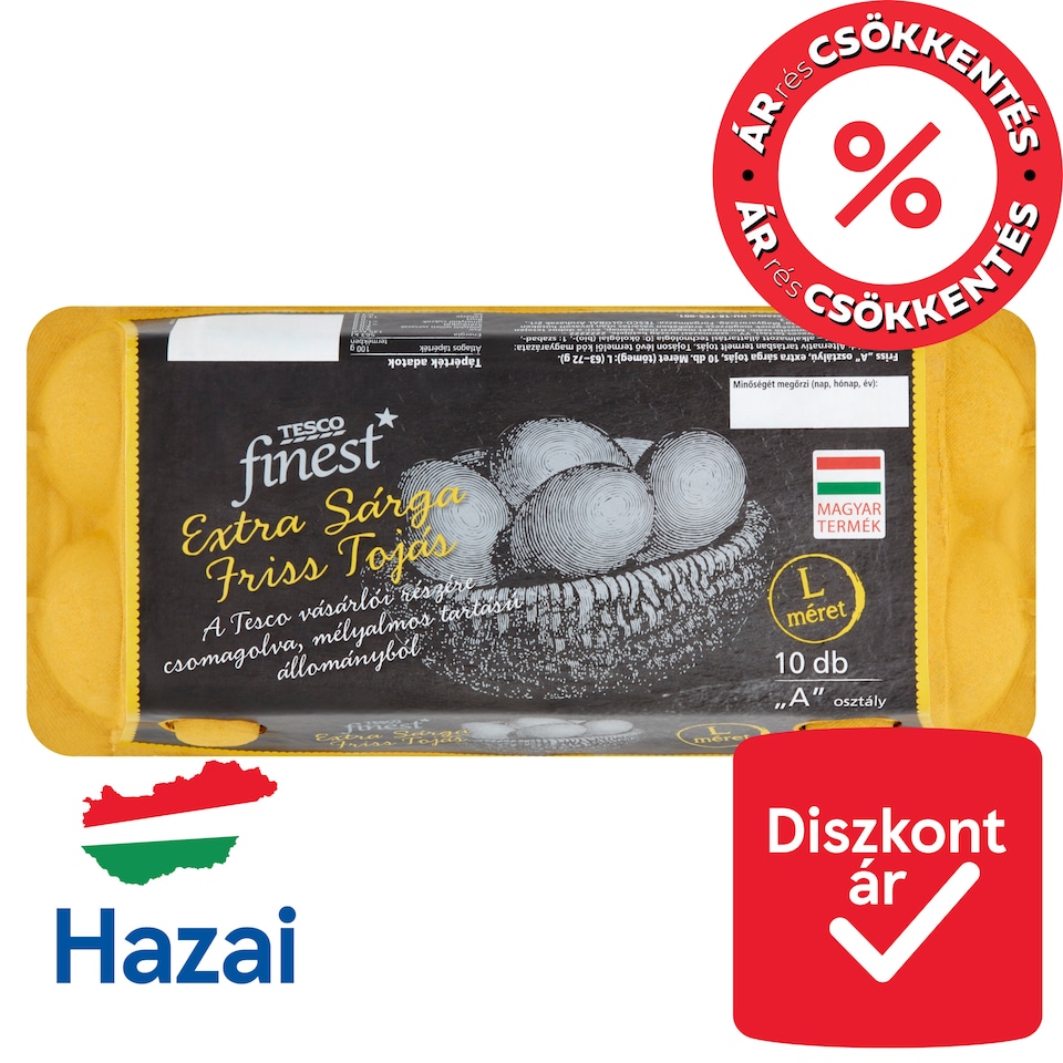 Tesco Finest "A" osztályú extra sárga friss tojás L 10 db