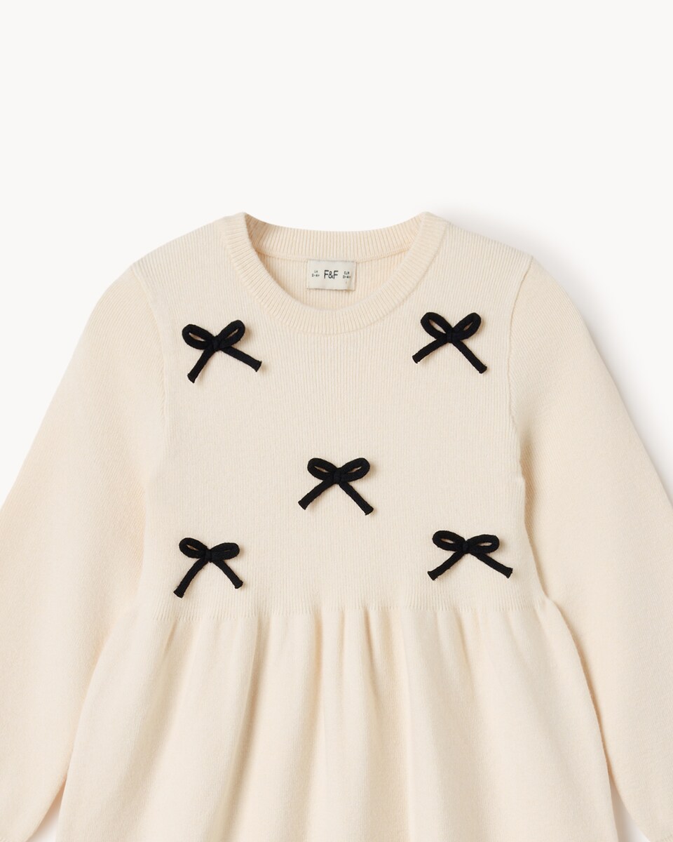 image 1 of F&F Girls Knitted Bow Dress in Gold