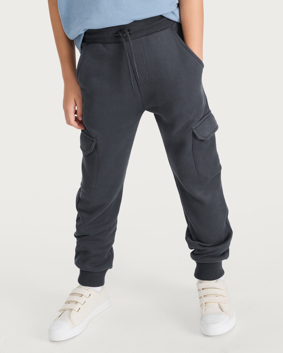 image 1 of F&F Boys Cotton Rich Cuffed Drawstring Cargo Joggers in Graphite