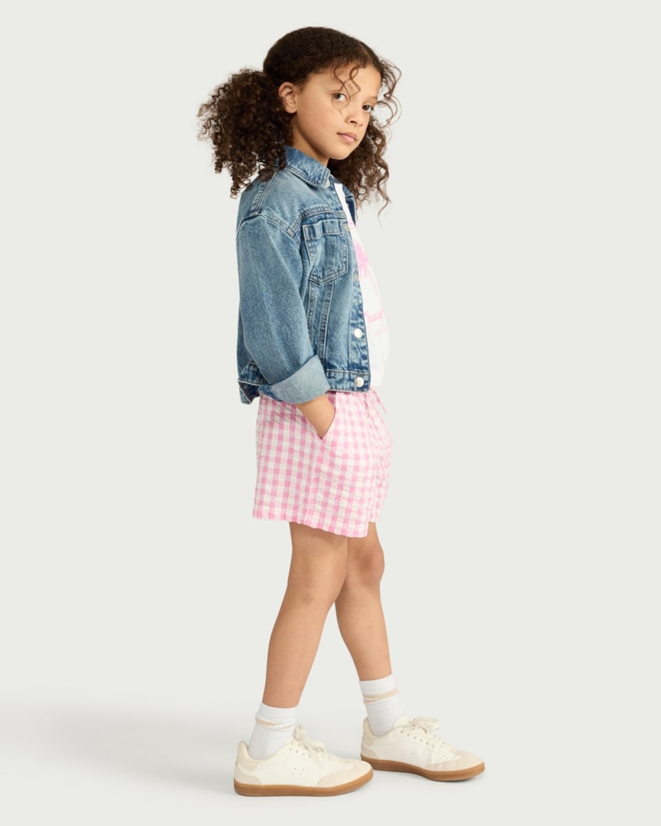 image 1 of F&F Girls Pure Cotton Gingham Shorts in Pink
